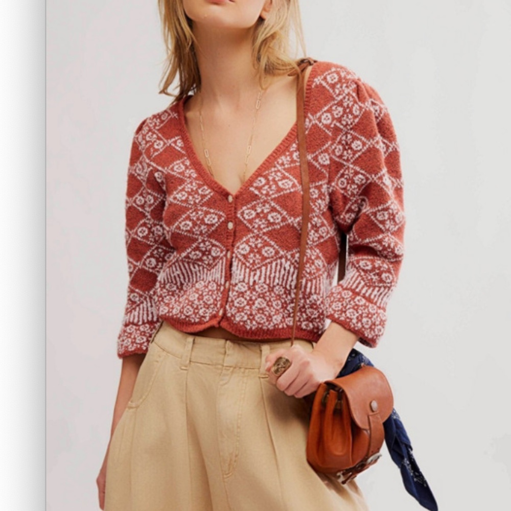 Free People Rust and White Fair Isle V-Neck Cardigan